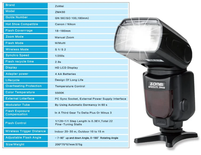 Zomei ZM430 Manual Speedlite Flash light