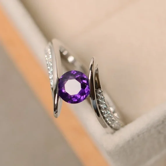 

Women Girls Purple Green & Blue Crystal Stone Jewelry Ring With Silver Plated Wedding Engagement Solitaire Ring