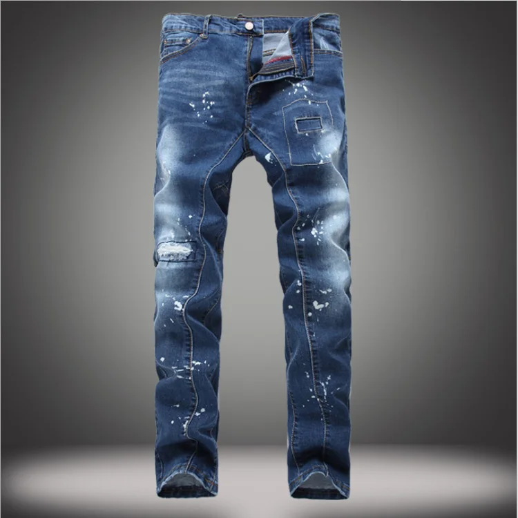 

Fashion Classical Men's biker jeans Slim Fit Patch Design Ripped Jeans For Men Vintage Design Denim Pants Hip Hop Jeans, Picture color