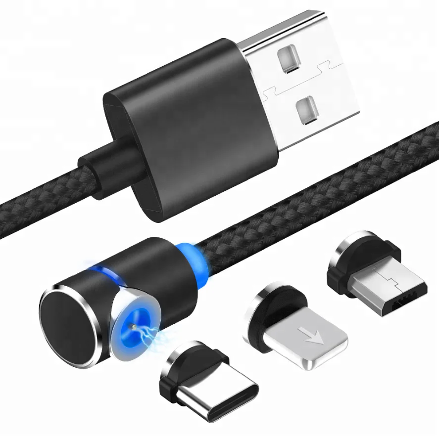 Hot Selling 90 Degree Elbow Magnetic Micro USB Charger Cable 3 In 1 LED Light Fast Charging USB Cable