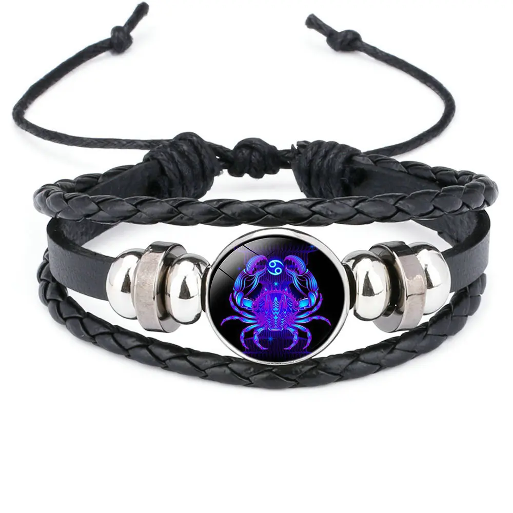 

Free Shipping 12 Zodiac Sign charm braided leather cord Glass Cabochon cancer leo snap button bracelet jewelry, As picture