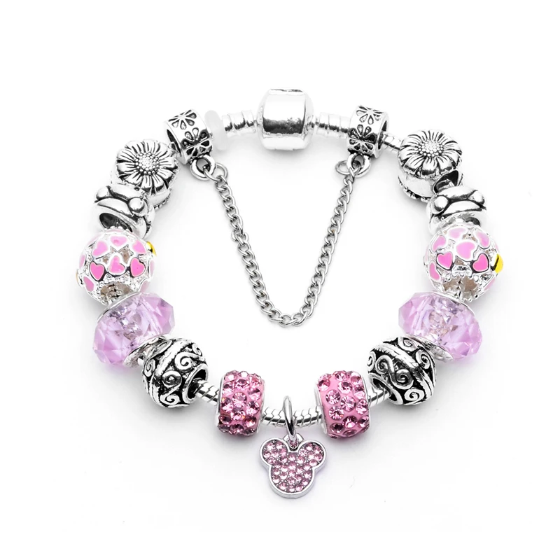 

Silver Crystal Charm Bracelet & Bangle Mickey Pendant Beads for Women Engraved Bracelets Fashion Jewelry