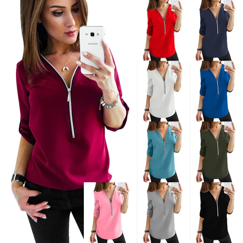 

Ecowalson Plus Size Fashion Women Sexy V Neck Long Sleeve Zipper Loose Chiffon T Shirts Female Blusas Tee Top