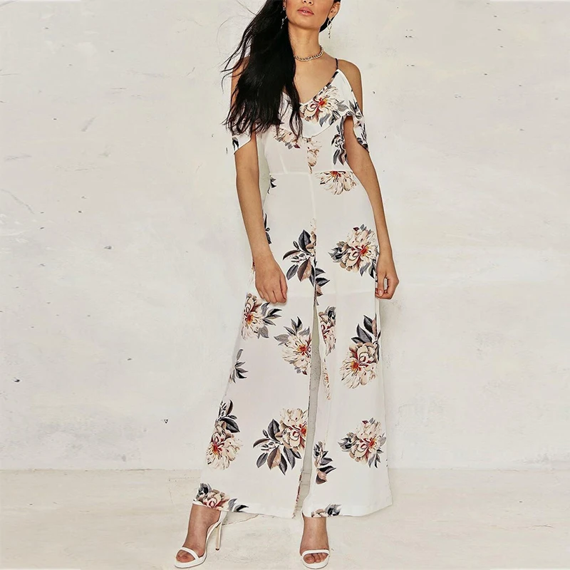 

Seaside Vacation Siamese Pants Long Cut-Out Back Peony Printed Chiffon Ruffles Condole Belt Jumpsuit, White