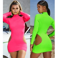 

Free Shipping turtleneck neon green neon hot pink winter long sleeve winter mini bodycon lady dress clothes