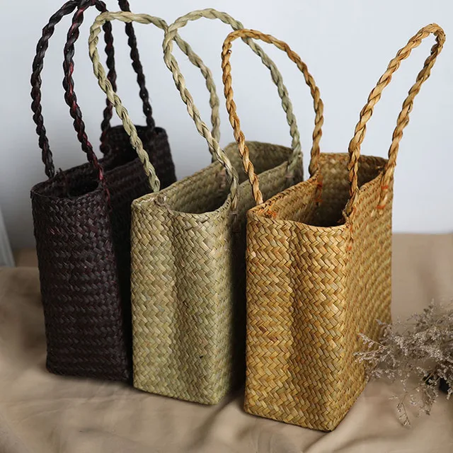 

2019 new Vintage Seaweed Woven HandBag Flower Pot Natural Fashion Big Beach Storage Basket straw bag For Outdoor Activity, As pictures