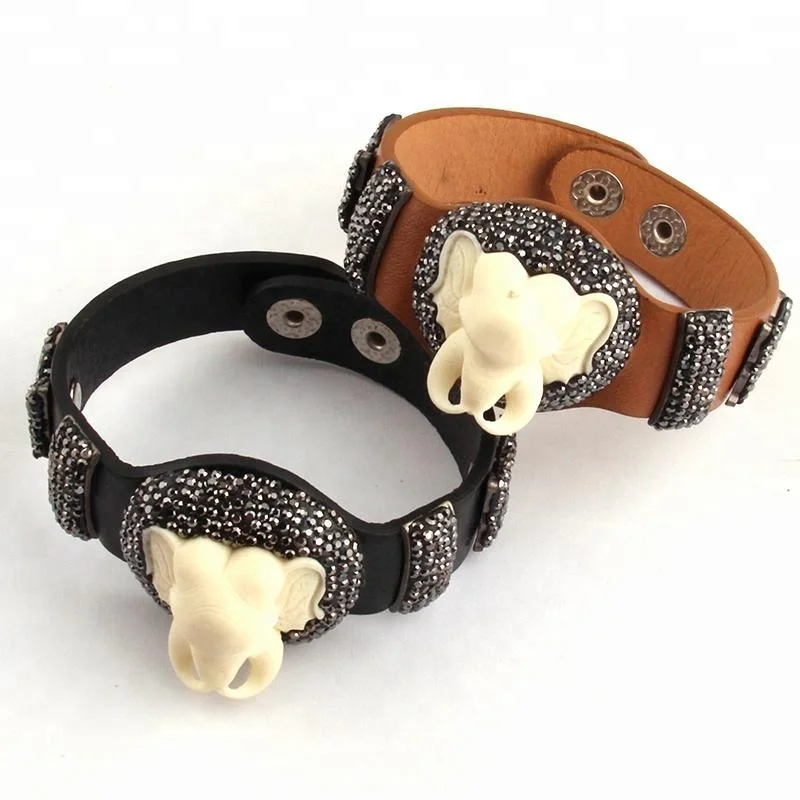 

Fashion Women Leather Bracelet Men Resin Elephant Crystal Pave Ball Bracelets