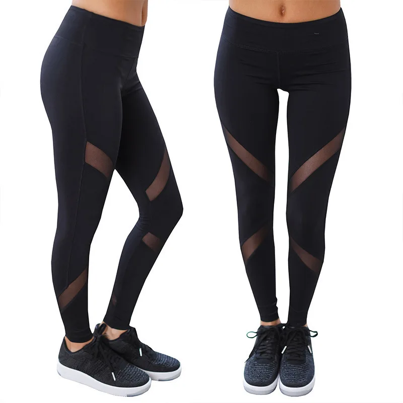 Fashion Womens Net yarn Splice hips Slim High Waist Leggings sport Quick-drying Fitness Yoga Pants
