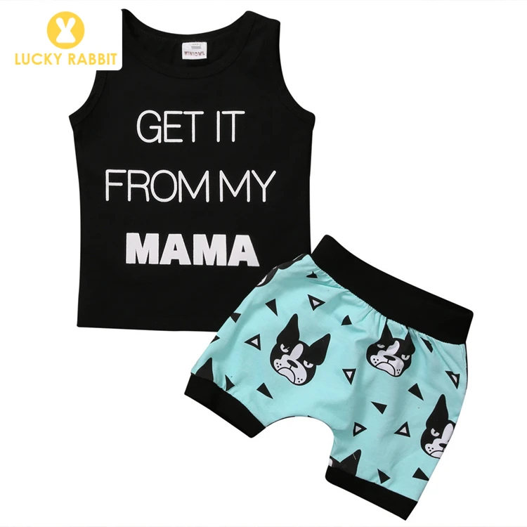 

Factory summer newborn boys printed baby boy black outfit cotton baby clothes baby wears vest and short pants 2pcs clothing set