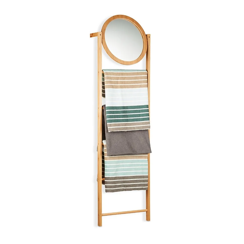 4tier Bamboo Towel Rack Leaning Bathroom Ladder Shelf With Mirror