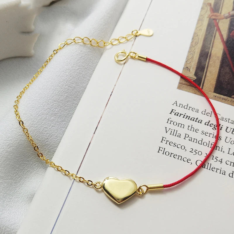 

European American 925 Silver Trendy Concise Heart Gold Plate Red Rope Bracelets Fine Jewelry Valentine's Gift for Girlfriend