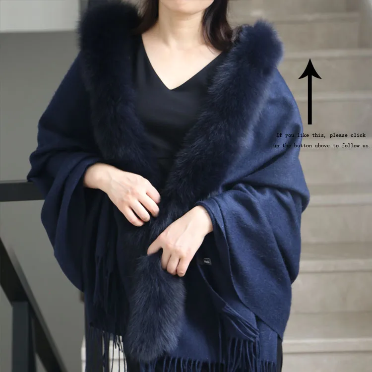 
Ladies woven wool blended Long Big Stole With Fox Fur Trim 