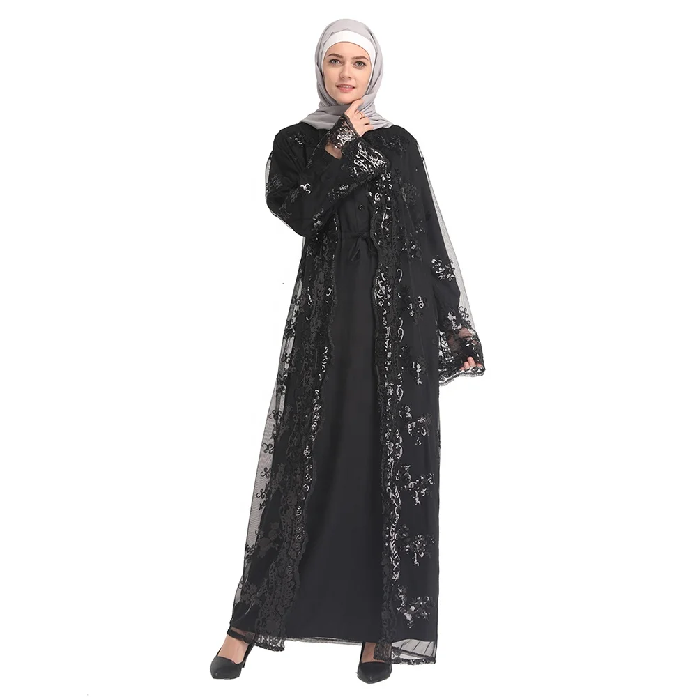 

2019 fashionable EID design dubai jalabiya for women elegant lace sequins abaya, Black,beige,white