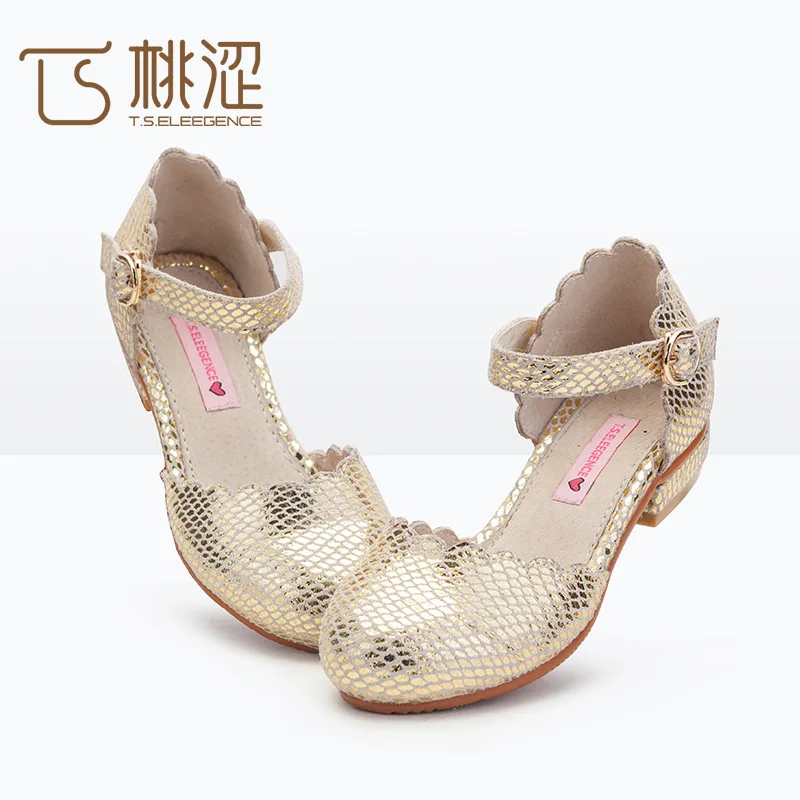 

Hot Selling Goods In stock Round Head Girls Mid Low Heel Dress Shoes, Gold/silver