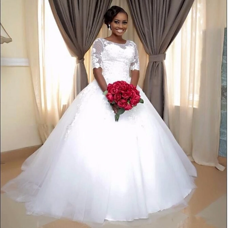 

African Vintage Ball Gown Lace Half Sleeve Wedding Dresses lace-up Appliques Bridal Dress, Custom made
