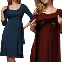 

Fashion maternity dress wrinkled long belt round neck breastfeeding dress Maternity Clothing S-2XL