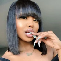 

Natural Black Straight Brazilian Virgin Human Hair Lace Front Short Bob Wigs with Bang Fringes Swiss Lace wigs for women