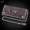 U7 Brown Genuine Leather Wallet Skull Cross Punk Wallet Vintage Wallet Long coin Purse With Chain Jeans Wallet For Men Gift