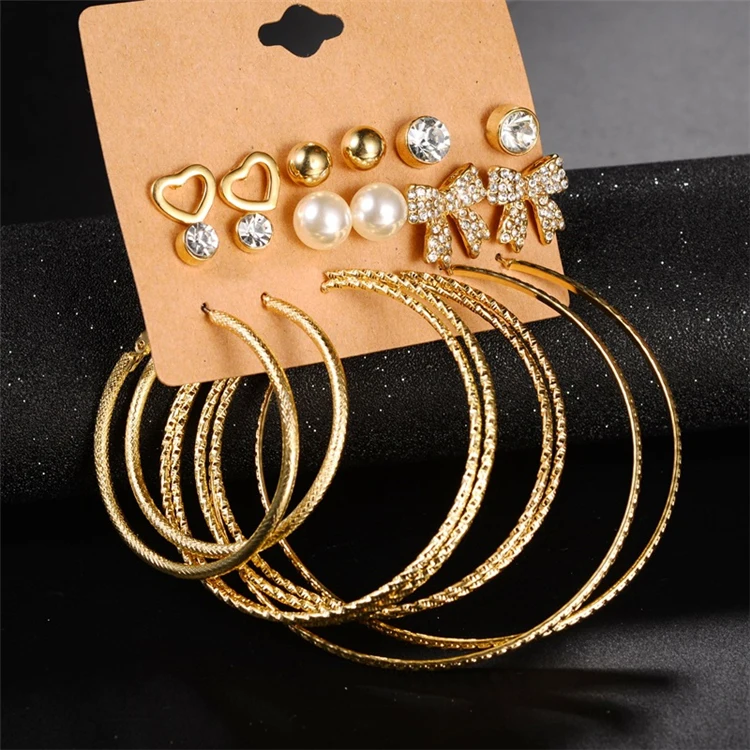 

New arrival pearl bowknot love big hoop 9 pairs alloy stud earring sets