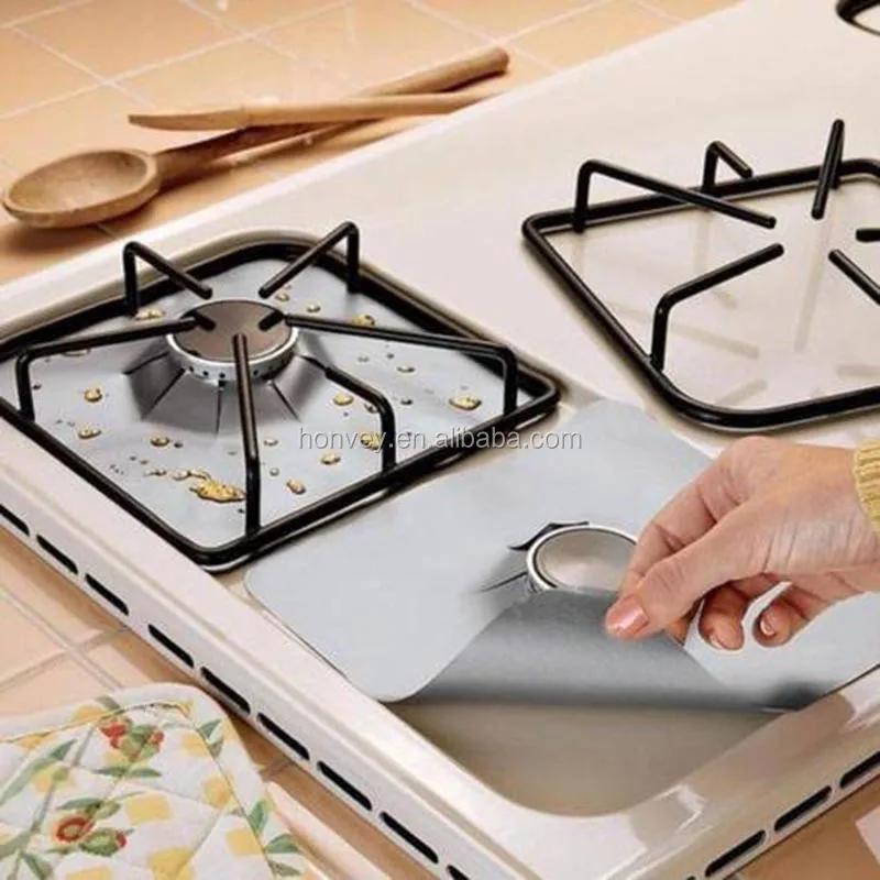 

4Pcs/1Pack Reusable Foil Gas Hob Range Stovetop Burner Protector Liner Cover For Cleaning Kitchen Tools, Silver