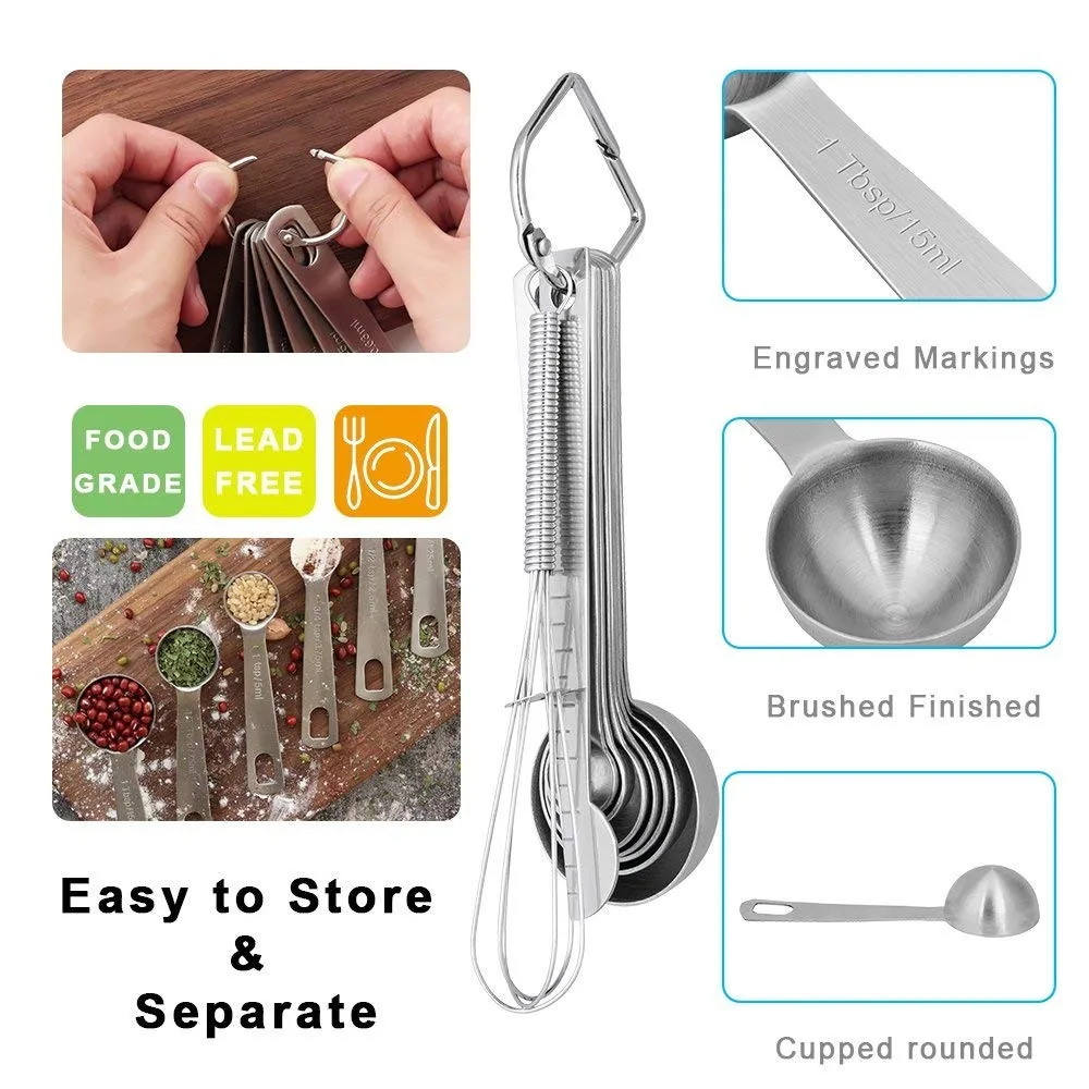 Stainless Steel Measuring Spoons Set of 9 with Egg Whisk