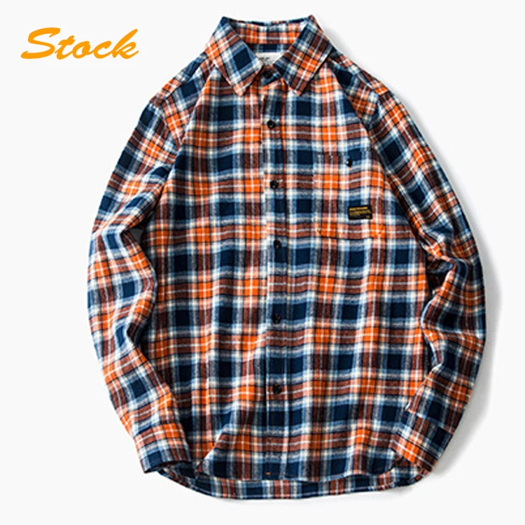 

Wholesale men long sleeves contrast color plaid cotton shirt, Yellow and orange