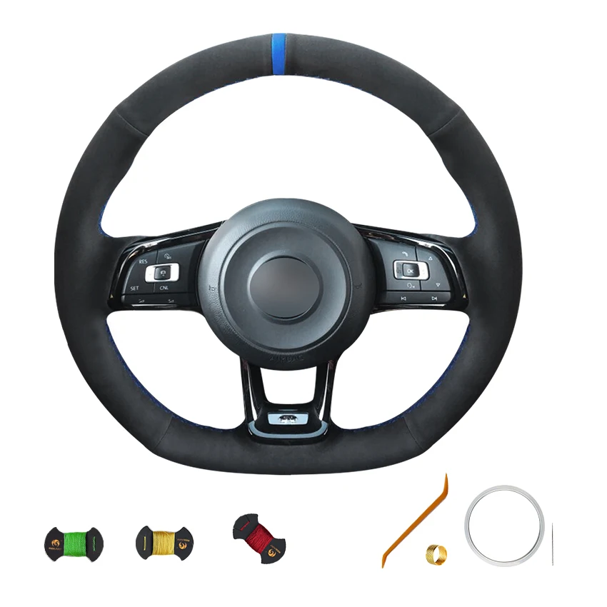 

Hand Sewing Stitched Suede Steering Wheel Cover Blue Strip for Volkswagen Golf 7 GTI Golf R MK7 VW Polo GTI Scirocco