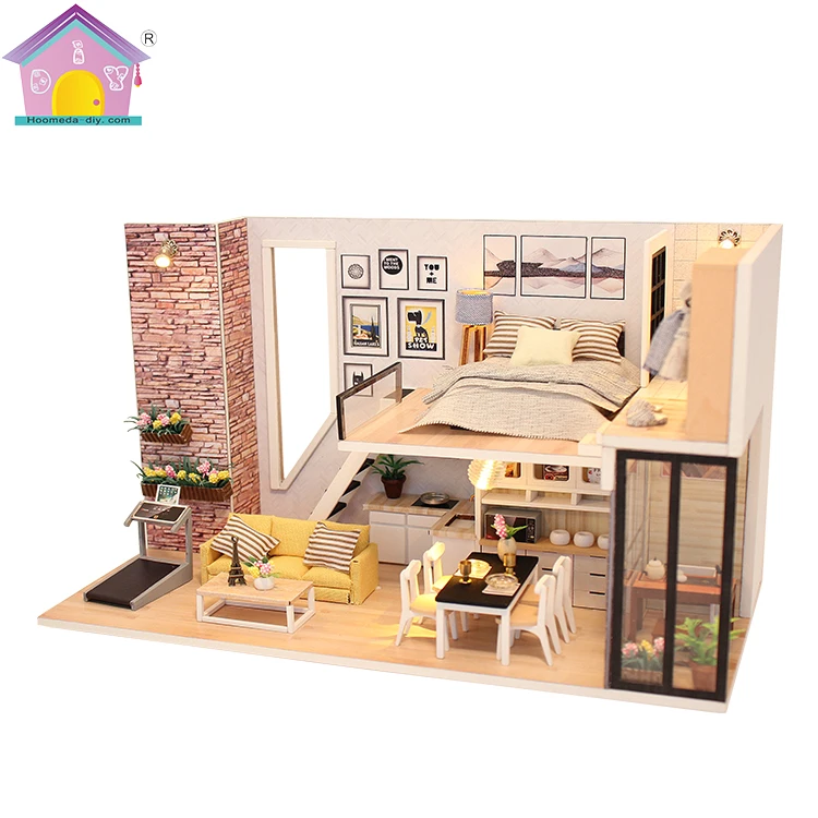 PanDaDa 3D Maison de Poupée DIY Non Toxique Maison Miniature pour Les Enfants Jeux de rôle Jouets Ensembles de Blocs de Construction Meubles de poupées en Bois 