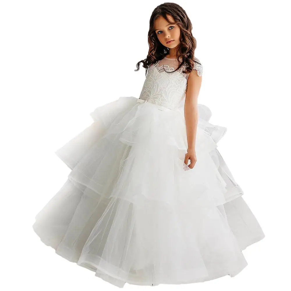 

First Communion Dresses For Girls Ball Gown Kids Pageant Gown Flower Girl Dresses Tiered Evening Prom princess costume, Ivory,pink