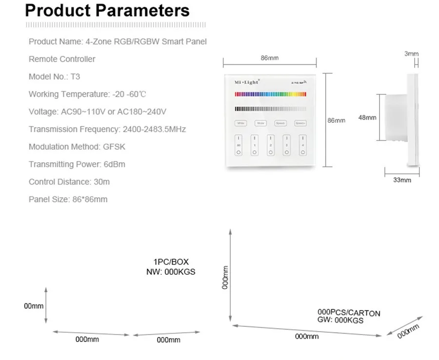 Milight T3 AC85-265V 4-Zone RGB/RGBW Smart Panel Remote Controller for led strip light lamp