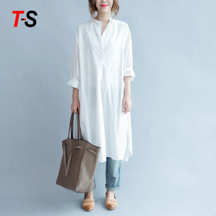 

New leisure Simple Solid color round neck long shirt dress cotton fabric, White