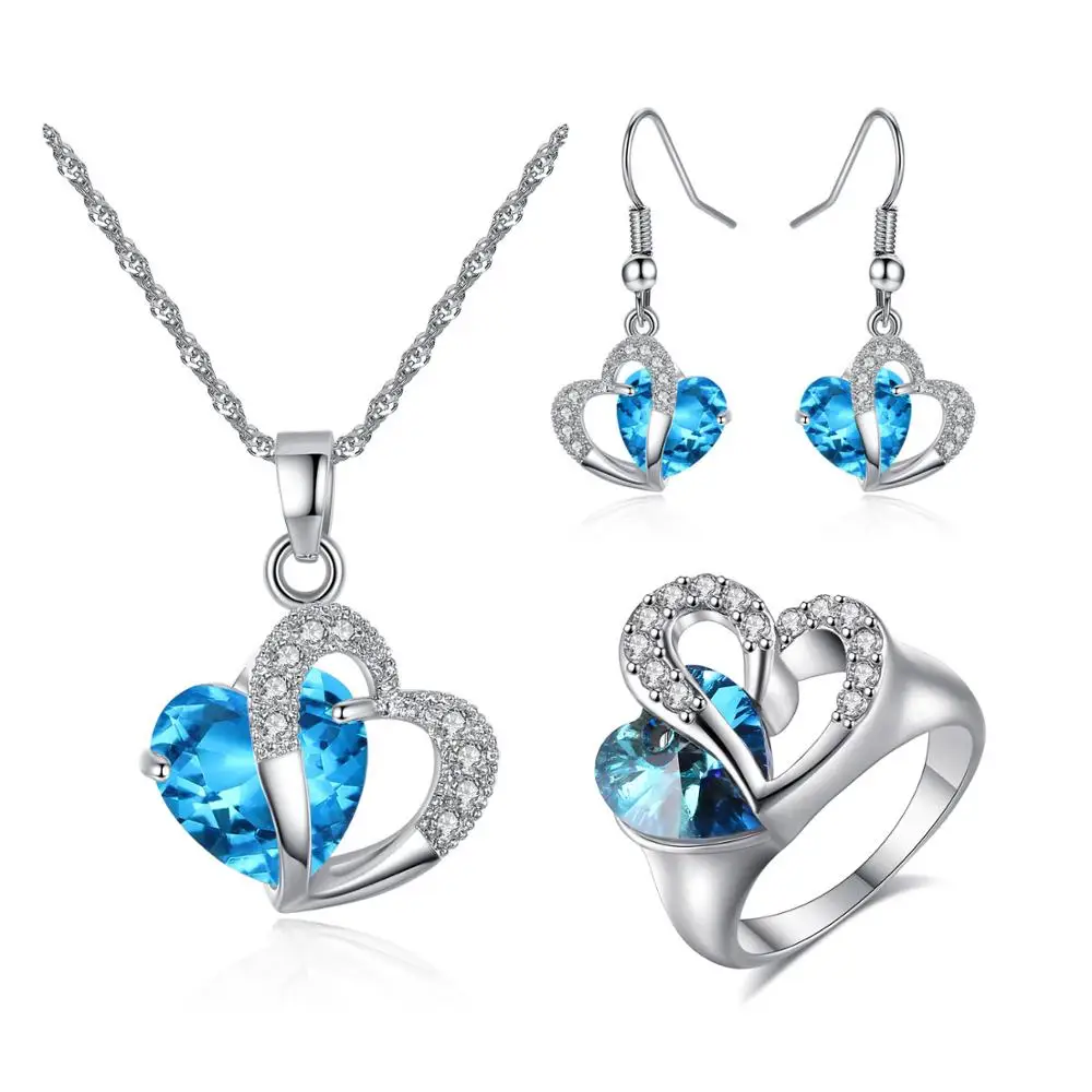 

18K White Gold Platinum Plated Love Heart Blue Crystal Cubic Zirconia Jewelry Set Blue Heart Clear CZ Pendant Necklace, Gold silver