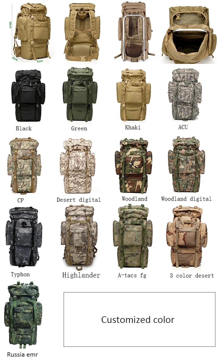 65L waterproof durable outdoor travel climbing hiking backpack molle tactical military army backpack with rain cover