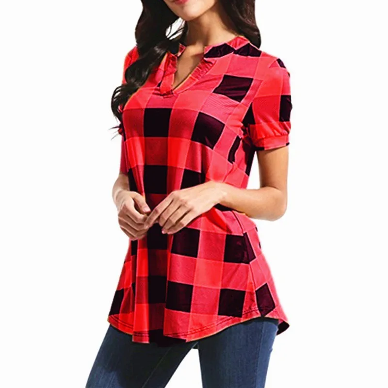 

High-quality cotton custom printed V-neck short-sleeved plaid loose lady shirts Tops