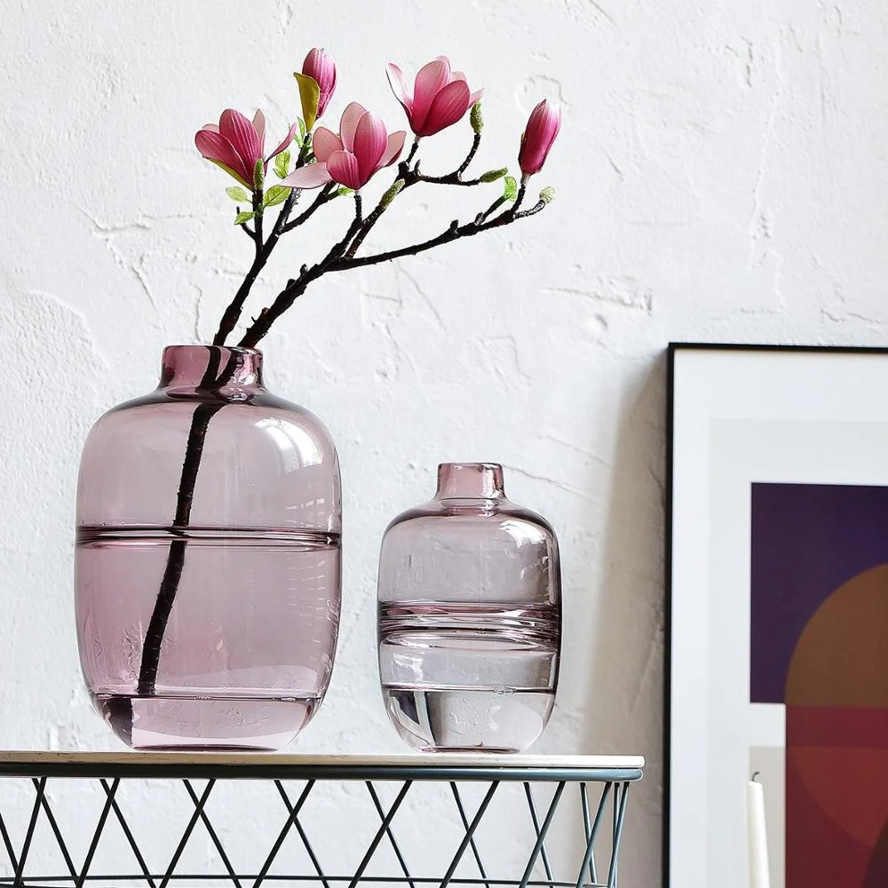 

Bixuan Vases Pink Color Handblown Glass Vase Unique Bottle Shape Ripple Design Centerpieces Home Table Decor Accent 12x18cm