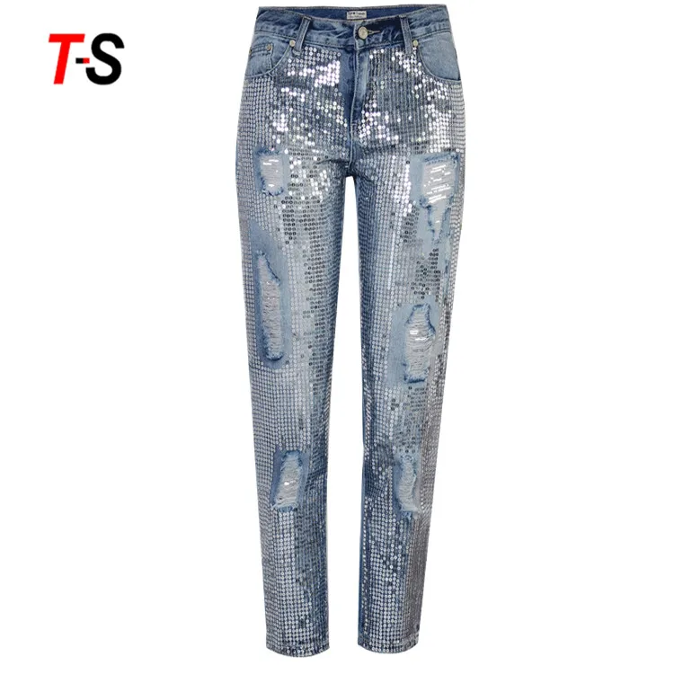 18GDTS014 Mid waist Loose Straight Nine pants sequin pearl women denim jeans