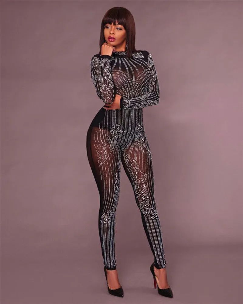 

2018 Women Fashion Club Wear Mesh jumpsuit Female Sexy Costumes Shining Crystals Diamond Stretch Leotard Bodysuit Catsuit Party, N/a