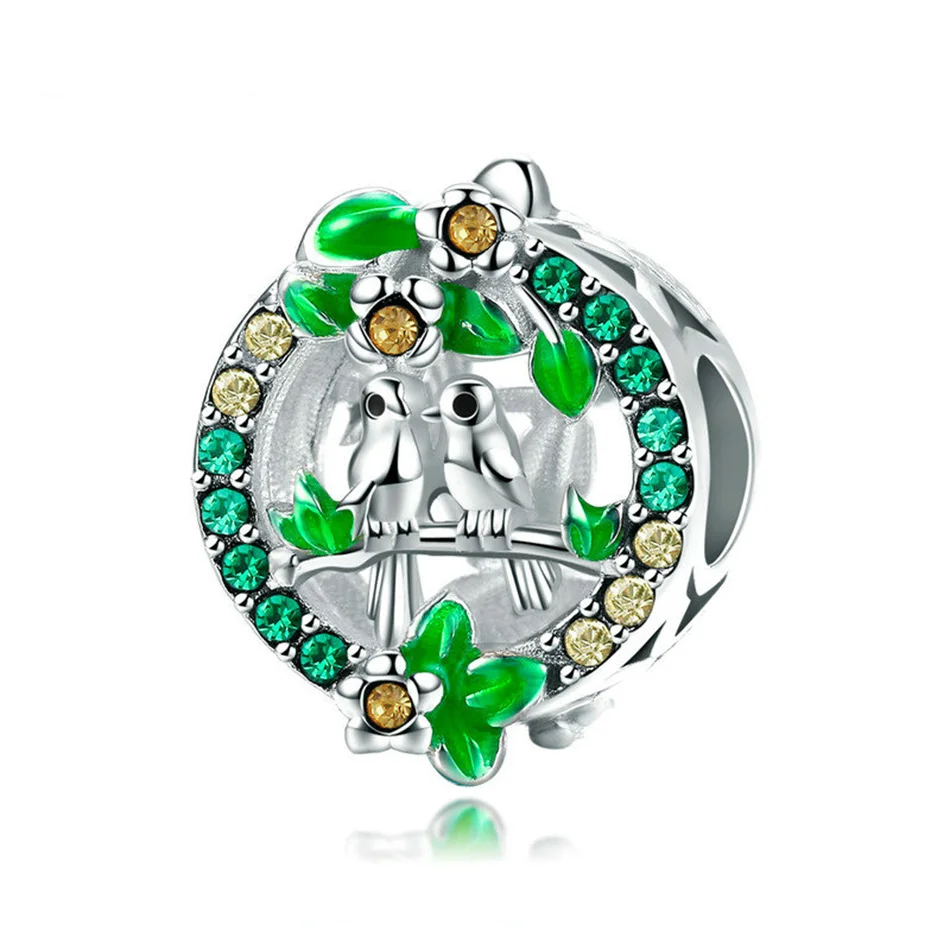 

New Arrival Real 925 Sterling Silver Thorn Birds Fit Charm Bracelets DIY Jewelry Accessories Green CZ Beads Charm