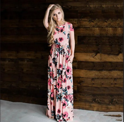 

B24 print round neck summer dress women Fashion Short Sleeve Casual Long maxi dress Floor-Length female Vestidos summer dress