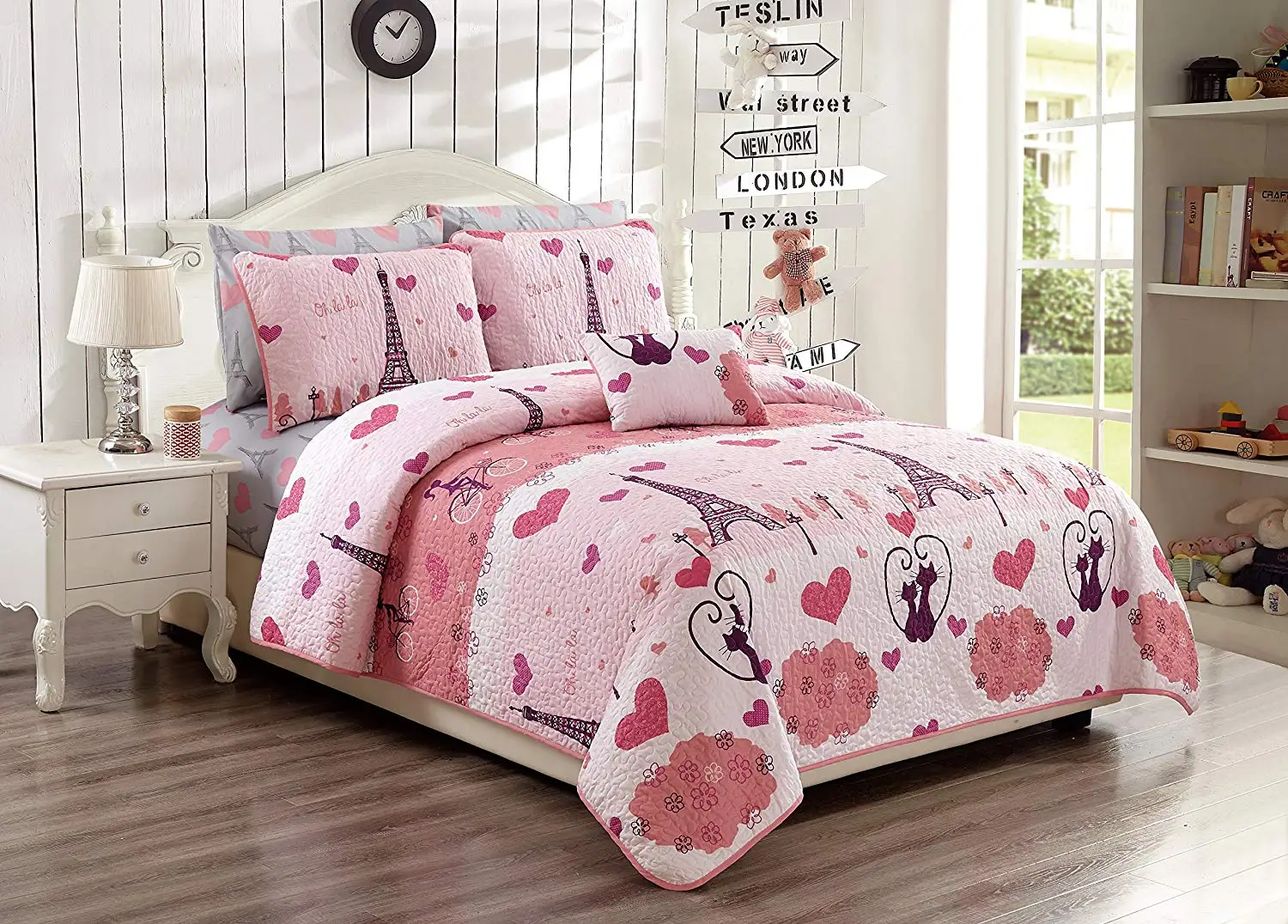 Fancy Linen 3pc Twin/Twin XL Bedspread Set Teens/Girls Paris Eiffel Tower Hearts Pink Grey New # Paris