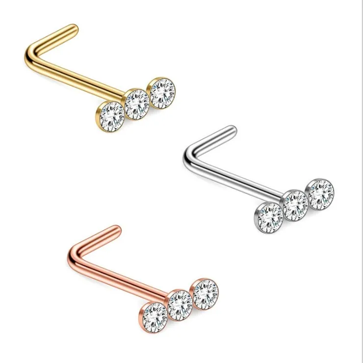 

Sample Available Small MOQ Three Stones L Shape Nostril Nose Piercing Jewelry