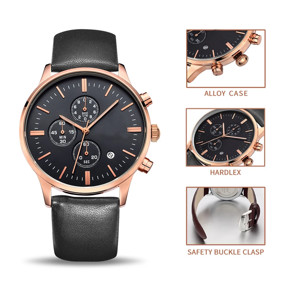 
Selling Three-point Chronograph watch Casual Men Genuine Leather waterproof movement quartz Watch Spot 