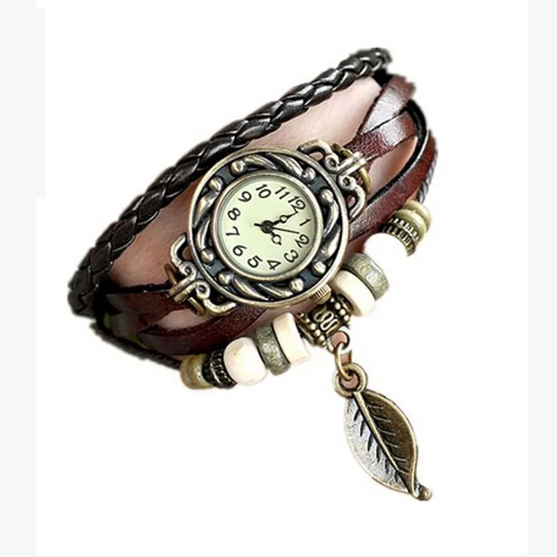 

Hot Sales Vintage leaf Pendant Leather Bracelet Watch women ladies men fashion dress quartz wrist watch, N/a