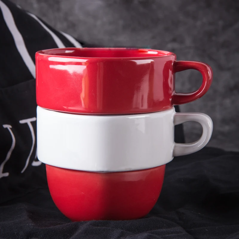 

Barware glazed ceramic stackable coffee cups red and white love heart shape porcelain 450ml mugs