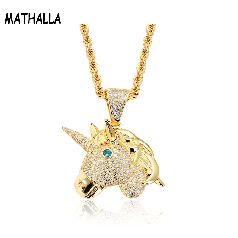 

Newest Hip Hop Jewelry China Lucky Unicorn Horse Charm Necklace Kyanite Stone Eye Full Cubic Zirconia Diamond Iced Out Pendant, Platinum;gold