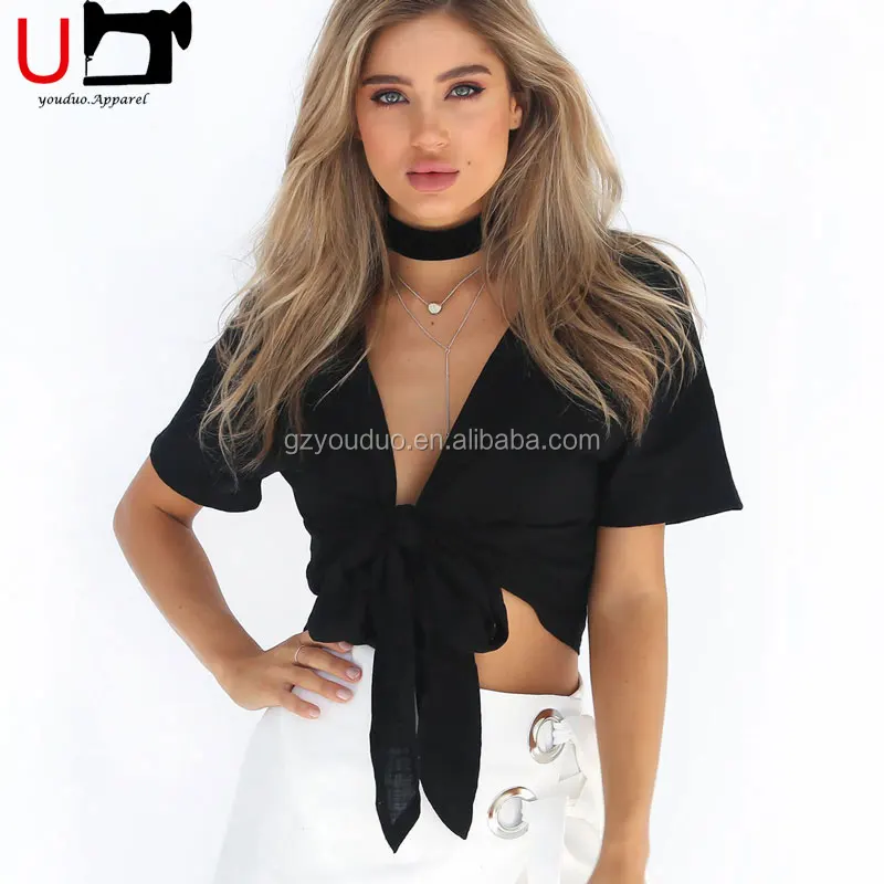 

Short Sleeve Knot Bow Cotton Tank Top Women Custom Blank Crop Tops Wholesale Cheap, Black;white;customized