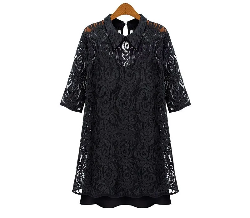 

Sexy Spring Autumn Women Plus Size 3XL 4XL 5xl Black Lace dress Faux Two Piece Vestidos Dress One Piece Dress Large Size Clothes