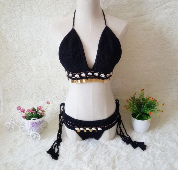 

Hand Made Crochet Bikini, Sexy Women Beach Swimsuit with Cooper Decoration