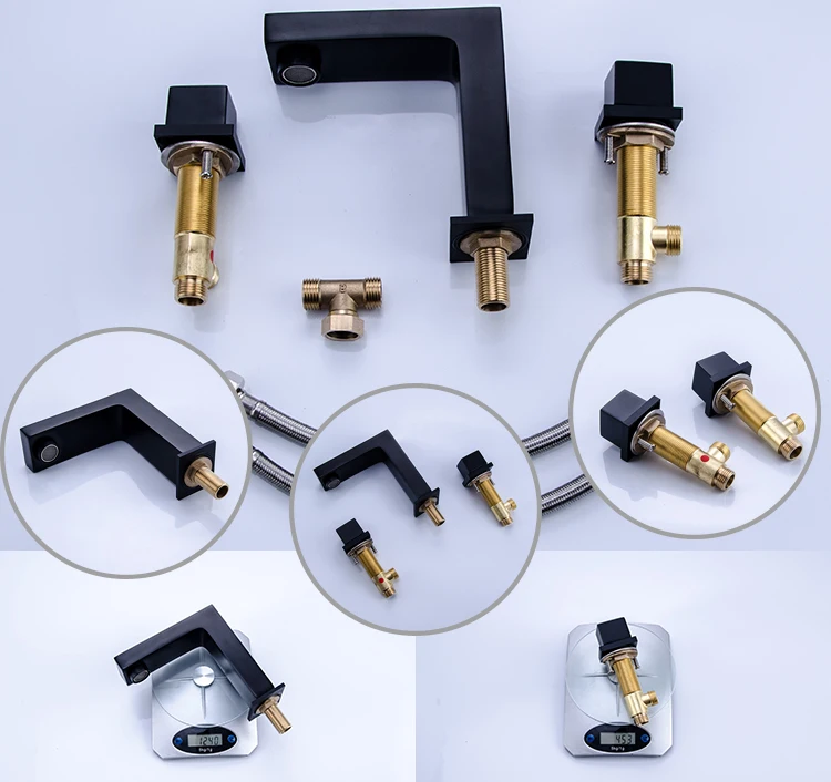 Square columns Long neck faucet Deck mounted dual handle with three hole waterfall matte black Basin bathtub dual-use faucet