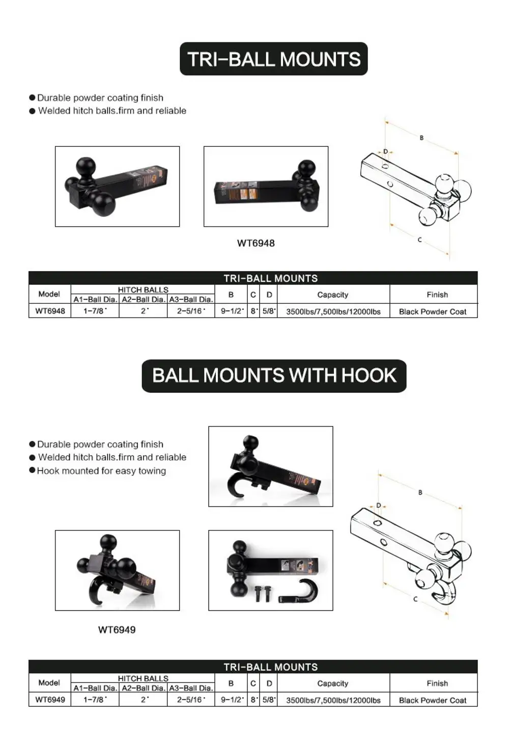 12000lbs Triple Ball Trailer Hitch Mount 3 Ball Reversible Mount With